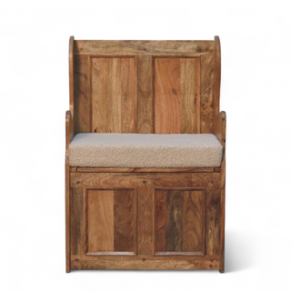 Front view of Cream Bouclé Upholstered Small Storage Bench, showing the upholstered seat, legs and silhouette