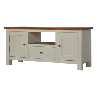 Side angle view of Cream TV Media Unit White Mango Wood and Honey Acacia Top Two-Tone Cabinet Doors with Farmhouse Feet