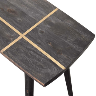 Close-up of brass hardware on Crest Coffee Table Solid Mango Wood Brass Cross Inlay Top Ash Black Nordic Legs