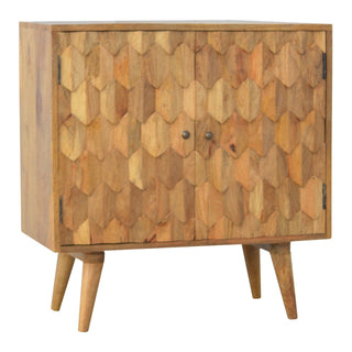 Side angle view of Crest Display Cabinet Honeycomb Scale Relief Carved Natural Oak Twin-Door