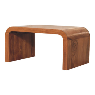 Side angle view of Curve Coffee Table Solid Acacia Wood C-Shape Waterfall Rounded Caramel