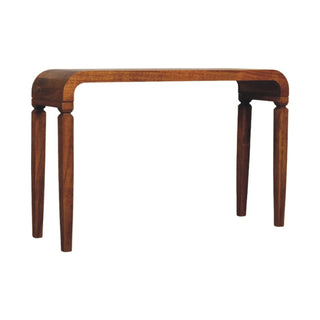 Side angle view of Curve Hallway Console Table Amber Oak Curved Waterfall Edge No Drawer