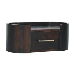 Side view of Curved Front Wall Nightstand, showing the storage shape and furniture finish