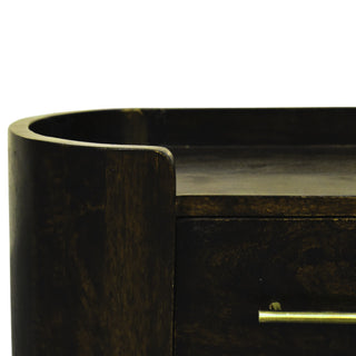 Close-up of finish detail on Curved Front Wall Nightstand, showing the storage shape and furniture finish