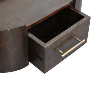 Storage view of Curved Front Wall Nightstand, showing the storage shape and furniture finish