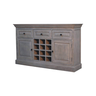 Side angle view of Cuvée Drinks Cabinet Wide Stone-Wash Wine Bottle Grid Drawers Twin Cupboard
