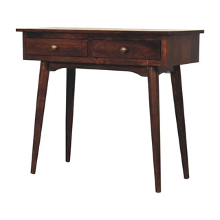 Side angle view of Daven Hallway Console Table with Drawers California Walnut Tapered Legs