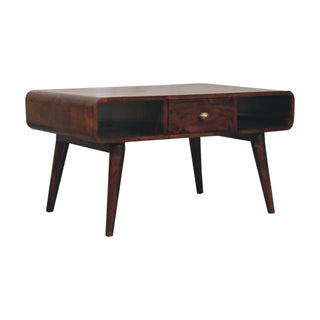 Side angle view of Deco Coffee Table with Drawer Open Loop Ends Mango Wood California Walnut