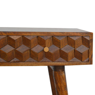 Side angle view of Deco Console Table with Drawers 3D Cube Carved Chestnut Mango Wood