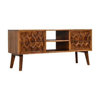 Side angle view of Deco Media Unit Chestnut Finish Art Deco Carved Brass Knobs