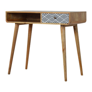 Side angle view of Deco Writing Desk Mango Wood Diamond Chevron Print Drawer with Open Slot
