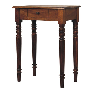Side angle view of Delaine Writing Desk Mango Wood Chestnut Fluted Spindle Legs with Brass Knob