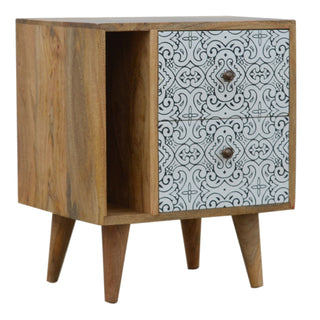 Side angle view of Delft Bedside Cabinet Porcelain Tile Pattern Drawers Open Cubby Natural Oak
