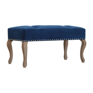 Angled view of Delphine Bedroom Bench Royal Blue Velvet Button Tufted Antique Brass Studs French Cabriole