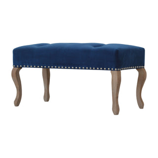 Front view of Delphine Bedroom Bench Royal Blue Velvet Button Tufted Antique Brass Studs French Cabriole
