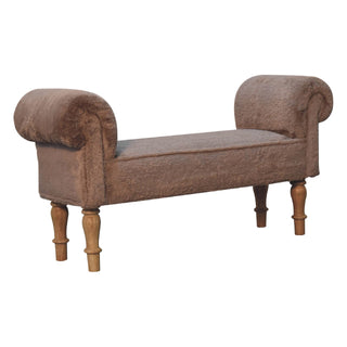 Angled view of Dova End-of-Bed Bench Mocha Faux Fur Rolled Arms Natural Turned Wood Legs