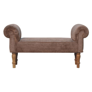 Front view of Dova End-of-Bed Bench Mocha Faux Fur Rolled Arms Natural Turned Wood Legs