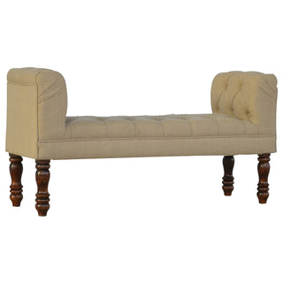 Angled view of Dove Bedroom Bench Mud Linen Scroll Arms Deep Button Tufted Turned Light Walnut Legs