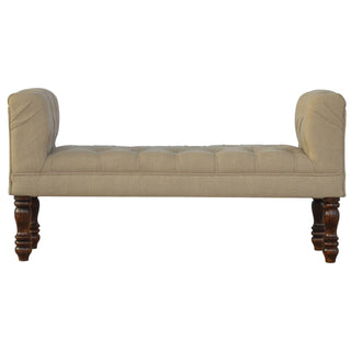 Front view of Dove Bedroom Bench Mud Linen Scroll Arms Deep Button Tufted Turned Light Walnut Legs