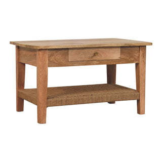 Side angle view of Drift Coffee Table with Drawer Woven Rope Shelf Natural Oak Finish