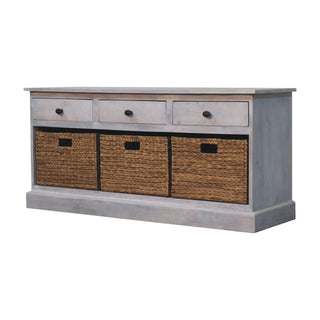 Side angle view of Driftwood Shoe Storage Cabinet Grey-Wash Wicker Basket Drawers Plinth Base