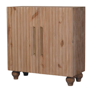 Front view of Driftwood Sideboard Cabinet with Fluted Pine Doors and Bun Feet in Stonedrift Finish
