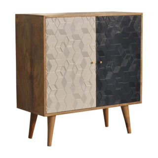 Side angle view of Duality Display Cabinet White Navy Split Two-Tone Geometric Cube Doors Oak Frame