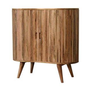 Side angle view of Dune Drinks Cabinet Wide Oval Mixed-Plank Reclaimed Twin-Door Cut-Out Handles