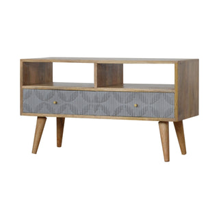 Side angle view of Dune Media Unit Oak and Grey Painted Ripple-Carved Drawer Fronts Twin Open Slots with Nordic Legs