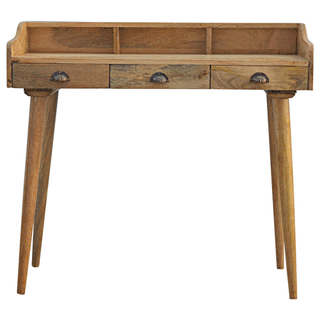 Side angle view of Dune Writing Desk Mango Wood Bleached Oak Triple Drawer with Gallery Back