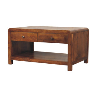 Side angle view of Dunn Coffee Table with Drawers Solid Mango Wood Lower Shelf Square Legs Chestnut