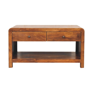 Front view of Dunn Coffee Table with Drawers Solid Mango Wood Lower Shelf Square Legs Chestnut