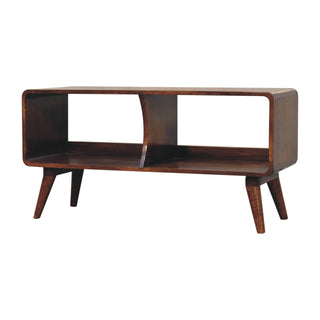 Side angle view of Duo Media Unit Chestnut Mango Wood Curved Body Double Open Slots with Nordic Tapered Legs
