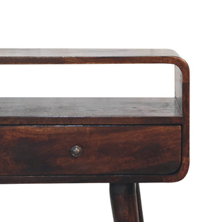 Side angle view of Dusk Console Table with Drawers Dark Walnut Curved Open Slot Frame