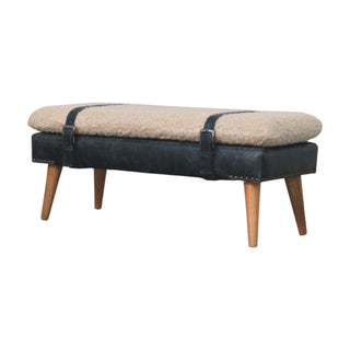 Angled view of Dusk Hallway Bench Cream bouclé Black Buffalo Leather Base Belt Strap Nordic Oak Legs