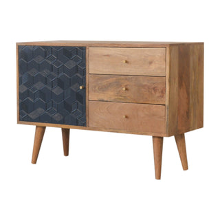 Side angle view of Dusk Sideboard Cabinet Navy Cube Relief Door Three-Drawer Natural Oak Asymmetric