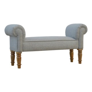 Angled view of Dusty Bedroom Bench Light Grey Tweed Scroll Arms Turned Natural Oak Legs