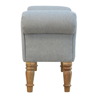 Side view of Dusty Bedroom Bench Light Grey Tweed Scroll Arms Turned Natural Oak Legs