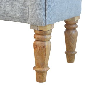 Back view of Dusty Bedroom Bench Light Grey Tweed Scroll Arms Turned Natural Oak Legs