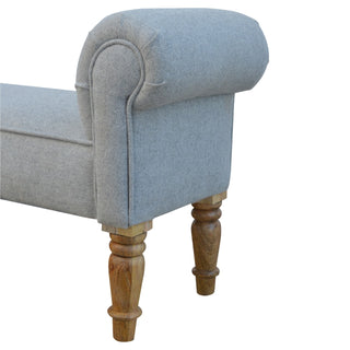 Close-up of fabric texture on Dusty Bedroom Bench Light Grey Tweed Scroll Arms Turned Natural Oak Legs