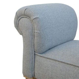 Leg detail view of Dusty Bedroom Bench Light Grey Tweed Scroll Arms Turned Natural Oak Legs