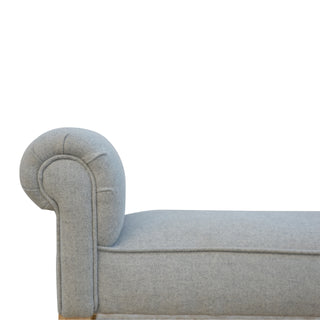 Seat detail view of Dusty Bedroom Bench Light Grey Tweed Scroll Arms Turned Natural Oak Legs