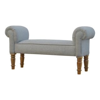 Front view of Dusty Bedroom Bench Light Grey Tweed Scroll Arms Turned Natural Oak Legs