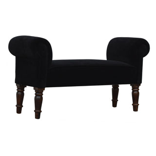 Angled view of Eclipse Bedroom Bench Black Velvet Scroll Arms Turned Dark Walnut Legs