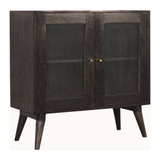 Side angle view of Eclipse Display Cabinet Ash Black Corrugated Glass Twin-Door Grid Shelving