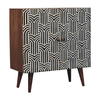 Side angle view of Edessa Bone Inlay Cabinet Art Deco Black White with white black bone inlay