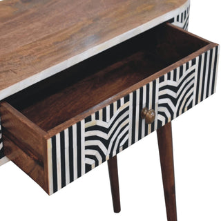 Side angle view of Edessa Bone Inlay Console Table Art Deco Oval Black White