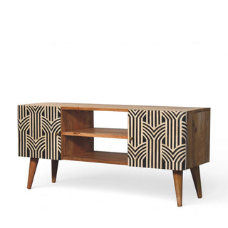 Side angle view of Edessa Bone Inlay Media Unit Art Deco Black White with white black bone inlay