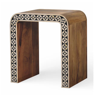 Side angle view of Edessa Bone Inlay Side Table Star Lattice Border Natural Wood