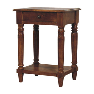 Elio Side Table With Drawer Turned Legs Brass Knob Chestnut Mango Wood – three-quarter angled view